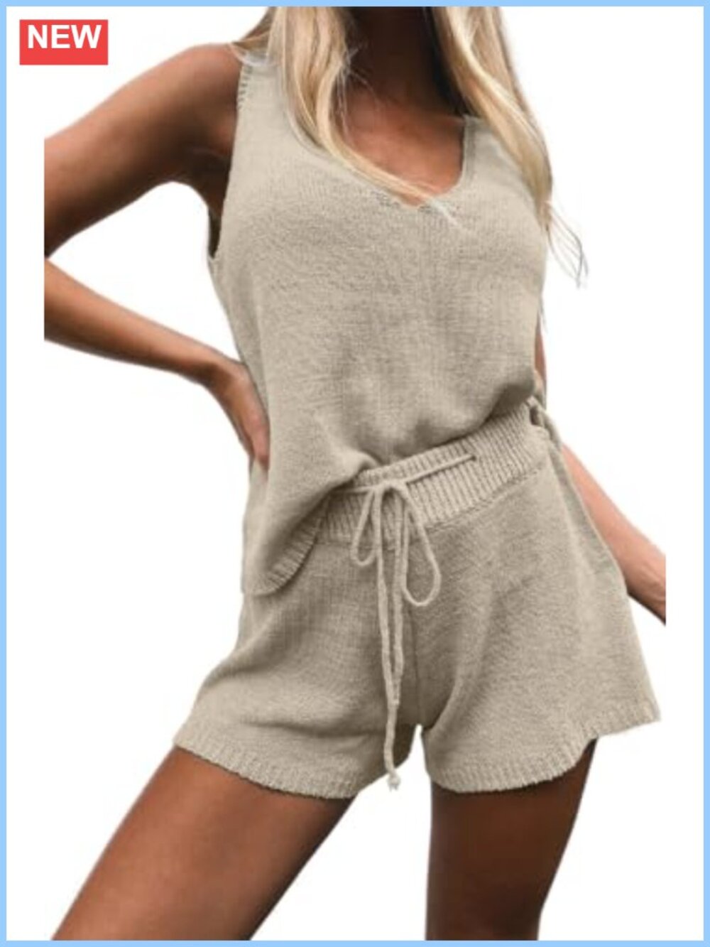 Knit 2 Piece Lounge Set Tank Top & Drawstring Shorts Summer Beach Set